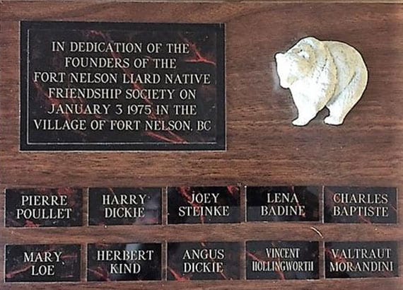 A plaque with names of the founders of the nelson-lland native friendship society.