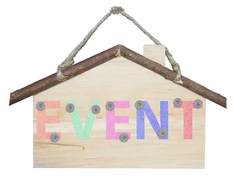 A wooden sign with the word " event " written on it.